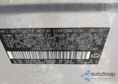 2009 Lexus Es 350 из США, поврежденный, VIN JTHBJ46G892287430